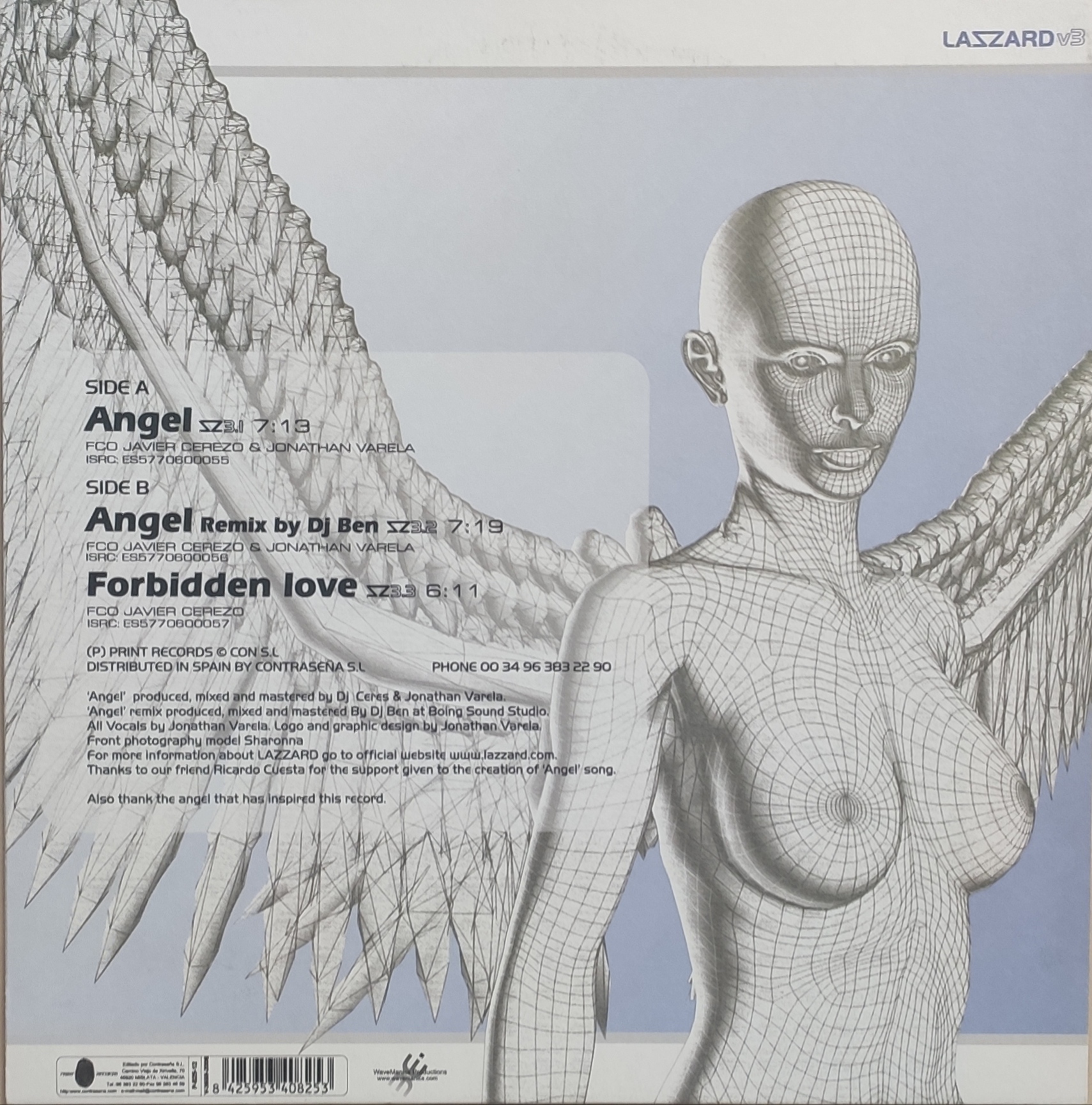 Contraportada del disco LAZZARD - ANGEL (Contraseña Records 2006). Diseño de portada y logotipo de LAZZARD creado por Jonathan Varela