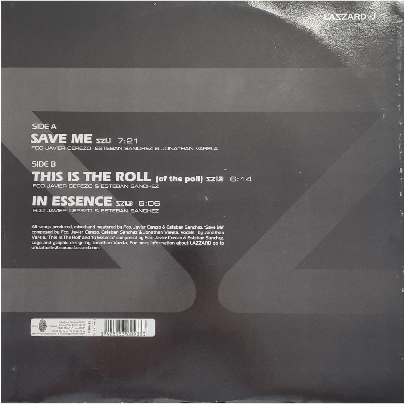 Contraportada del disco LAZZARD - SAVE ME! (Contraseña Records 2005). Diseño de portada y logotipo de LAZZARD creado por Jonathan Varela